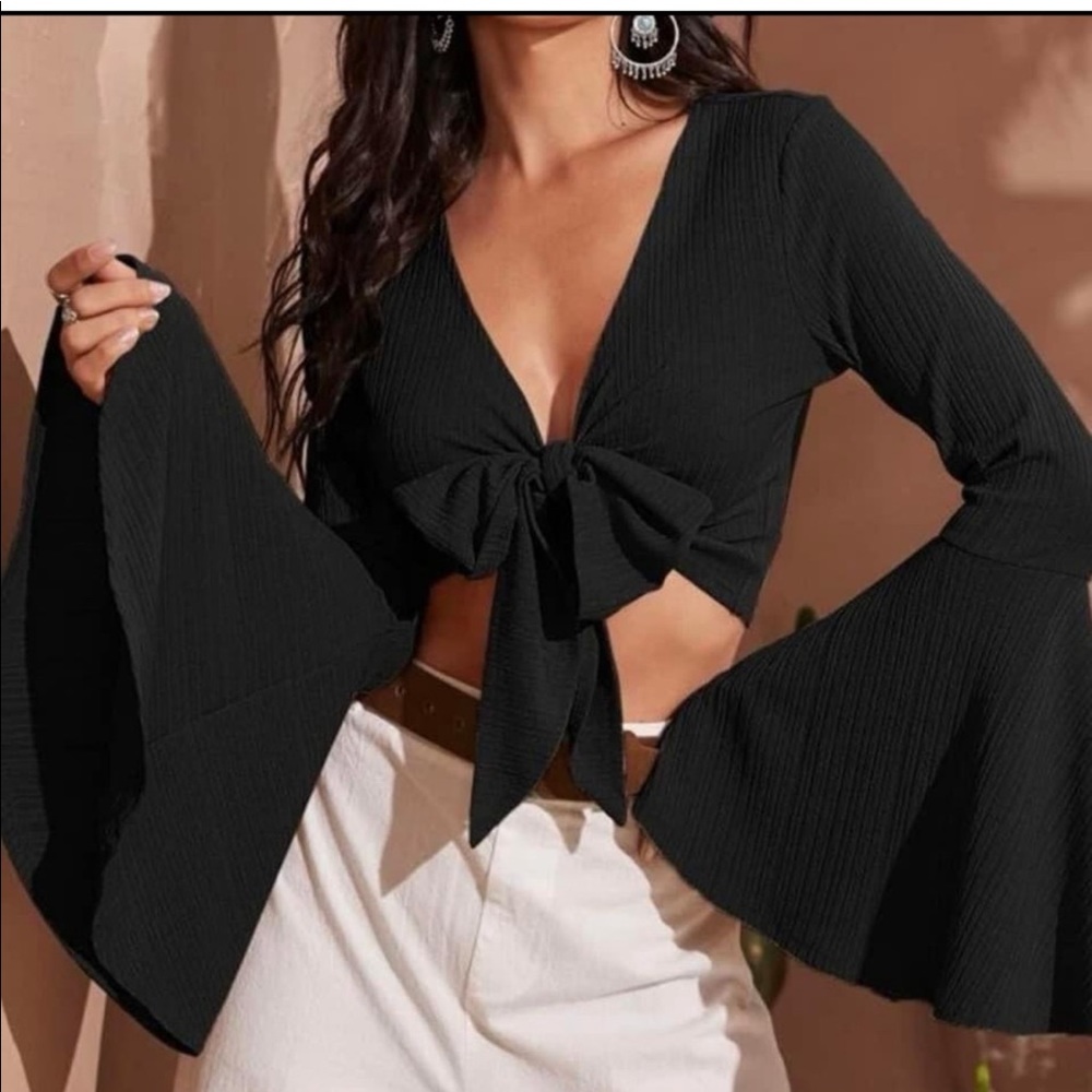 SHEIN Black Bell Sleeve Cropped Wrap Around Blouse, Knotted Tie Long Sleeve Top